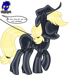 Size: 3840x4154 | Tagged: safe, artist:damlanil, applejack, earth pony, pony, series:becoming submissive, g4, applejack's hat, bdsm, blindfold, bondage, bondage mask, boots, catsuit, clothes, collar, commission, corset, cowboy hat, female, gag, gimp suit, hat, high heels, hood, implied discord, latex, latex boots, latex suit, leash, link in description, mare, muzzle gag, raised hoof, rubber, rubber suit, shiny, shiny mane, shoes, show accurate, simple background, socks, solo, story, story included, suit, thigh highs, transparent background, vector