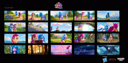 Size: 3425x1694 | Tagged: safe, artist:lorenzo paoli, izzy moonbow, sunny starscout, earth pony, pony, unicorn, g5, my little pony: a new generation, spoiler:my little pony: a new generation, boulder media logo, concept art, flower field, forest, full moon, hasbro, hasbro logo, logo, moon, my little pony: a new generation logo, netflix logo, night, scene interpretation