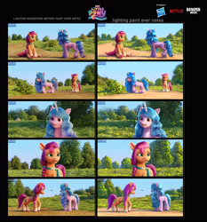 Size: 3425x3679 | Tagged: safe, artist:lorenzo paoli, screencap, izzy moonbow, sunny starscout, earth pony, pony, unicorn, g5, my little pony: a new generation, spoiler:my little pony: a new generation, boulder media logo, concept art, female, hasbro, hasbro logo, high res, logo, mare, my little pony: a new generation logo, netflix logo