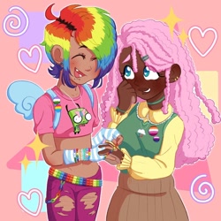 Size: 1440x1440 | Tagged: safe, artist:kattycaake, fluttershy, rainbow dash, human, g4, alternate hairstyle, backpack, badge, bag, belt, blushing, bracelet, choker, clothes, cute, dark skin, dashabetes, duo, ear piercing, earring, eyes closed, fangs, female, fingerless gloves, genderfluid, genderfluid pride flag, genderqueer, genderqueer pride flag, gir, gloves, grin, humanized, invader zim, jeans, jewelry, lesbian, lesbian pride flag, lip piercing, midriff, necklace, open mouth, pansexual, pansexual pride flag, pants, piercing, pride, pride flag, ship:flutterdash, shipping, shirt, shyabetes, skirt, smiling, snake bites, sweater, sweatershy, t-shirt, torn clothes, tumblr nose