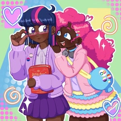 Size: 1440x1440 | Tagged: safe, artist:kattycaake, pinkie pie, twilight sparkle, human, g4, alternate hairstyle, bag, bisexual pride flag, blushing, book, choker, clothes, cute, dark skin, diapinkes, duo, ear piercing, earring, female, glasses, headphones, heart, hoodie, humanized, jewelry, lesbian, lesbian pride flag, nail polish, nonbinary, nonbinary pride flag, open mouth, piercing, pride, pride flag, ship:twinkie, shipping, shirt, skirt, tumblr nose, twiabetes