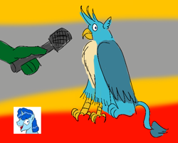 Size: 576x463 | Tagged: safe, artist:horsesplease, gallus, party favor, oc, oc:anon, griffon, g4, doggie favor, doodle, gallus the rooster, gallusposting, i didn't listen, meme, microphone, ponified animal photo, ponified meme, russia