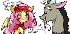 Size: 858x416 | Tagged: safe, artist:mayavtuber, discord, fluttershy, draconequus, g4, antlers, blushing, burger, clothes, female, food, hat, implied discoshy, implied shipping, implied straight, male, mcdonald's, raised hoof, shirt, simple background, snaggletooth, thought bubble, white background, working