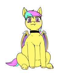 Size: 2253x2900 | Tagged: safe, artist:tacodeltaco, oc, oc:star shower, bat pony, 2022 community collab, derpibooru community collaboration, bat pony oc, collar, fangs, fat, female, high res, looking at you, simple background, solo, transparent background