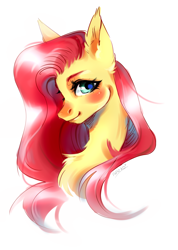 Size: 2135x3000 | Tagged: safe, artist:aneko77, fluttershy, pony, g4, aside glance, blushing, bust, chest fluff, ear fluff, female, high res, looking at you, mare, portrait, simple background, smiling, solo, white background