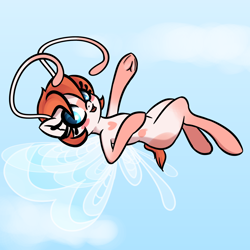 Size: 2500x2500 | Tagged: safe, artist:plaguemare, oc, oc only, oc:chip breeze, breezie, antennae, big eyes, blue eyes, blushing, body markings, breezie oc, cloud, eyelashes, female, flying, frog (hoof), happy, heart, high res, laughing, looking at you, mare, short mane, short tail, sky, smiling, smiling at you, solo, tail, underhoof, waving, waving at you, wings