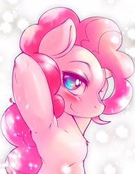 Size: 1590x2048 | Tagged: safe, artist:kurogewapony, pinkie pie, earth pony, semi-anthro, g4, arm behind head, blushing, cute, female, looking at you, mare, smiling, solo, stupid sexy pinkie