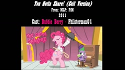 Size: 1280x720 | Tagged: safe, artist:philsterman, pinkie pie, spike, dragon, earth pony, pony, g4, over a barrel, barb, bipedal, bubble berry, cover, dancing, dragoness, female, genderbent reenactment, male, musical instrument, my little colt, piano, reenactment, rule 63, scene interpretation, song, stallion, you gotta share, youtube, youtube link, youtuber