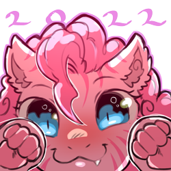 Size: 1159x1159 | Tagged: safe, artist:cold-blooded-twilight, pinkie pie, big cat, earth pony, hybrid, pony, tiger, tiger pony, g4, 2022, :3, cute, cute little fangs, fangs, looking at you, paw pads, paws, pinkie cat, simple background, smiling, solo, species swap, stripes, transparent background, underhoof, underpaw, year of the tiger