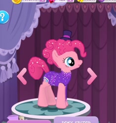 Size: 1000x1066 | Tagged: safe, gameloft, screencap, pinkie pie, earth pony, pony, g4, aerialist pinkie, clothes, cropped, female, glitter, hat, mare, open mouth, open smile, question mark, smiling, solo, sparkly mane