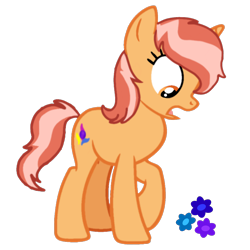 Size: 4000x4000 | Tagged: safe, artist:nitlynjane, oc, oc only, oc:dawntrice, pony, unicorn, absurd resolution, female, flower, full body, horn, looking down, mare, open mouth, orange coat, orange eyes, raised hoof, red hair, short tail, show accurate, simple background, solo, standing, tail, transparent background, two toned mane, two toned tail, unicorn oc
