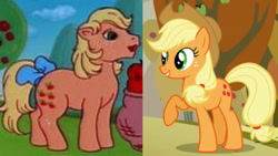 Size: 1280x720 | Tagged: safe, artist:megalobronia, screencap, applejack, applejack (g1), fall weather friends, g1, g4, my little pony 'n friends, rescue at midnight castle, comparison, cropped, low quality, lowres