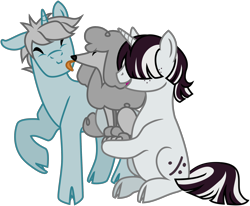 Size: 2290x1889 | Tagged: safe, artist:saby, derpibooru exclusive, oc, oc only, oc:ironwood atlas, oc:morse code, dog, pony, poodle, unicorn, 2022 community collab, derpibooru community collaboration, horse heresy, carrying, cloven hooves, colored, eyes closed, face licking, flat colors, hair over eyes, holding, licking, male, one ear down, raised hoof, simple background, sitting, smiling, stallion, standing, tongue out, transparent background, trio, trio male, vector