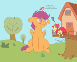 Size: 1200x965 | Tagged: artist needed, source needed, safe, apple bloom, scootaloo, sweetie belle, earth pony, pegasus, pony, unicorn, g4, butt, clubhouse, crusaders clubhouse, cutie mark crusaders, female, filly, foal, giant pony, growth, macro, plot, potion, scootaloo can't fly, scootaloo is not amused, unamused