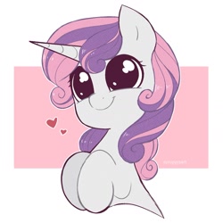 Size: 1601x1601 | Tagged: safe, artist:syrupyyy, sweetie belle, pony, unicorn, abstract background, big eyes, bust, cute, daaaaaaaaaaaw, diasweetes, dilated pupils, eyelashes, female, filly, floating heart, foal, happy, heart, hnnng, hooves to the chest, smiling, solo, sweet dreams fuel, syrupyyy is trying to murder us, weapons-grade cute