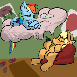 Size: 3000x3000 | Tagged: safe, artist:fumalunga, applejack, rainbow dash, earth pony, pegasus, pony, g4, beanbag chair, cans, chair, chest fluff, cloud, duo, duo female, eyes closed, female, high res, implied lesbian, mare, on a cloud, relaxed, vape, wavy mouth