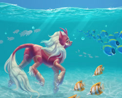 Size: 1280x1034 | Tagged: safe, artist:miurimau, oc, oc only, fish, kirin, bubble, caustics, commission, crepuscular rays, cute, digital art, flowing mane, flowing tail, looking back, ocean, orange eyes, sky, smiling, solo, sunlight, swimming, tail, underwater, water, white mane