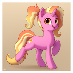 Size: 960x960 | Tagged: safe, artist:luminousdazzle, luster dawn, pony, unicorn, g4, chest fluff, cute, female, full body, looking at you, lusterbetes, mare, open mouth, open smile, raised hoof, simple background, smiling, smiling at you, solo, standing on two hooves