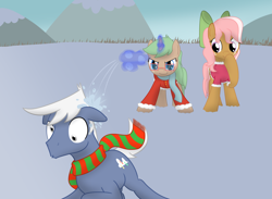 Size: 1500x1100 | Tagged: safe, artist:mightyshockwave, oc, oc:flicker, oc:ginger snap, oc:silver lining, earth pony, pony, unicorn, bow, clothes, derp, hair bow, magic, scarf, snow, snowball, striped scarf, telekinesis, winter, winter clothes, winter outfit