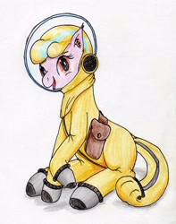 Size: 2679x3393 | Tagged: safe, artist:40kponyguy, derpibooru exclusive, oc, oc:puppysmiles, earth pony, pony, bag, clothes, cute, ear fluff, female, filly, foal, high res, looking at you, radiation suit, raised hoof, saddle bag, simple background, solo, traditional art