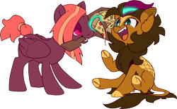 Size: 3552x2200 | Tagged: safe, artist:jennithedragon, oc, oc only, oc:earthen spark, oc:shrimp scampi, kirin, pegasus, pony, 2022 community collab, derpibooru community collaboration, duo, ear fluff, fangs, food, high res, kirin oc, looking at someone, looking at something, magic, mouth hold, open mouth, pegasus oc, pizza, raised hoof, simple background, sitting, telekinesis, transparent background, two toned mane, underhoof