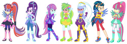 Size: 1280x451 | Tagged: safe, artist:sarahalen, indigo zap, lemon zest, moondancer, sour sweet, starlight glimmer, sugarcoat, sunny flare, equestria girls, g4, alternate universe, boots, clothes swap, cowboy boots, crystal guardian, crystal wings, equestria girls-ified, high heel boots, magical geodes, shadow five, shoes, simple background, white background, wings