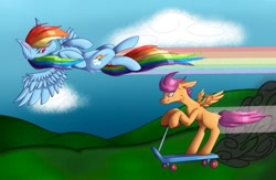 Size: 1294x844 | Tagged: safe, artist:gremlingraveyard, rainbow dash, scootaloo, pegasus, pony, g4, blank flank, duo, female, filly, flying, foal, grin, mare, racing, rainbow trail, scooter, smiling