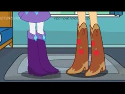 Size: 480x360 | Tagged: safe, applejack, rarity, equestria girls, g4, boots, boots shot, clothes, cowboy boots, dancing, duo, duo female, female, high heel boots, jumping, kicking, legs, marching, mlp ship week 2024, pictures of legs, shoes, skirt, stomping, tapping