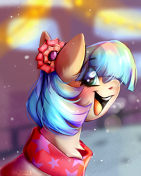 Size: 2036x2548 | Tagged: safe, artist:pozya1007, coco pommel, earth pony, pony, g4, breath, bust, cocobetes, cute, female, high res, mare, portrait, smiling, snow, snowfall, solo