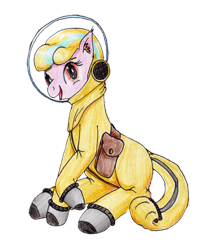 Size: 2679x3393 | Tagged: safe, artist:40kponyguy, derpibooru exclusive, edit, editor:php178, oc, oc only, oc:puppysmiles, earth pony, pony, 2022 community collab, derpibooru community collaboration, fallout equestria, fallout equestria: pink eyes, background removed, bag, clothes, cute, ear fluff, fanfic art, female, filly, foal, high res, looking at you, radiation suit, raised hoof, saddle bag, simple background, solo, traditional art, transparent background