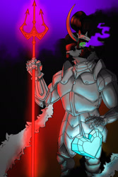 Size: 1280x1920 | Tagged: safe, artist:d3pressedr4inbow, king sombra, umbrum, unicorn, anthro, g4, armor, cape, clothes, crystal heart, glowing, male, solo, sombra eyes, stallion, trident