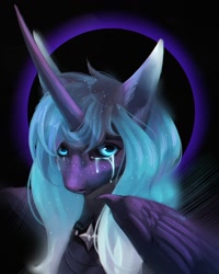 Size: 1080x1350 | Tagged: safe, artist:miurimau, oc, oc only, alicorn, pony, alicorn oc, black sclera, bust, crying, female, horn, mare, solo, wings