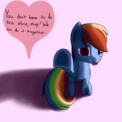Size: 2053x2053 | Tagged: safe, artist:librarylonging, rainbow dash, pegasus, pony, g4, dialogue, heart, high res, looking at you, open mouth, raised hoof, sitting, solo, talking, talking to viewer, text, underhoof