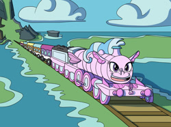 Size: 1024x763 | Tagged: safe, artist:sergeant16bit, silverstream, g4, coach, commission, inanimate tf, living object, mount aris, smiling, tracks, train, trainified, transformation, vehicle