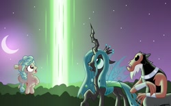 Size: 3000x1857 | Tagged: safe, artist:aleximusprime, cozy glow, lord tirek, queen chrysalis, centaur, changeling, changeling queen, pegasus, pony, taur, flurry heart's story, g4, beam, blast, female, filly, foal, forest, looking up, magic, magic blast, male, mare, moon, night, story included