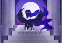 Size: 2048x1431 | Tagged: safe, artist:magoconut, princess luna, alicorn, pony, g4, armor, horn, jewelry, looking at you, mago loves stairs, moon, moonlight, night, night sky, palace, regalia, silver, sky, solo, spread wings, stairs, stars, watermark, wing armor, wings