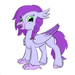 Size: 3000x3000 | Tagged: safe, artist:solos, oc, oc only, oc:aella breeze, hippogriff, beak, braid, eye clipping through hair, feather, freckles, high res, hippogriff oc, hooves, looking at you, open mouth, open smile, simple background, smiling, smiling at you, solo, talons, white background, wings