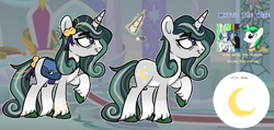 Size: 1280x608 | Tagged: safe, artist:saltytangerine, clover the clever, star swirl the bearded, oc, oc:mystic the wise, pony, unicorn, g4, bag, bells, body markings, bow, cloverswirl, ear piercing, earring, glowing, glowing horn, gray coat, green hair, green mane, horn, horn ring, jewelry, next generation, offspring, parent:clover the clever, parent:star swirl the bearded, parents:cloverswirl, piercing, purple eyes, reference sheet, ring, saddle bag, shipping, tail, tail bow, unicorn oc, unshorn fetlocks