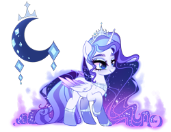 Size: 2027x1572 | Tagged: safe, artist:gihhbloonde, oc, oc only, unnamed oc, alicorn, pony, alicorn oc, anklet, blue eyes, closed mouth, colored wings, colored wingtips, crown, ethereal hair, ethereal mane, ethereal tail, eyeshadow, folded wings, gradient legs, gradient mane, gradient tail, gradient wings, hoof shoes, horn, jewelry, lightly watermarked, magical lesbian spawn, makeup, offspring, parent:princess luna, parent:rarity, parents:rariluna, peytral, raised hoof, regalia, simple background, smiling, solo, sparkly mane, sparkly tail, standing, starry mane, starry tail, tail, tiara, transparent background, watermark, wings