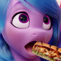 Size: 400x400 | Tagged: safe, edit, edited screencap, screencap, izzy moonbow, pony, unicorn, g5, my little pony: a new generation, cropped, female, food, implied penis, mare, not porn, open mouth, sandwich, sandwich censorship, solo