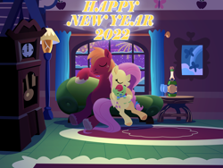 Size: 2880x2160 | Tagged: safe, anonymous artist, big macintosh, fluttershy, oc, oc:late riser, earth pony, pegasus, pony, series:fm holidays, g4, 2022, alcohol, alternate hairstyle, baby, baby pony, champagne, champagne glass, clothes, colt, family, female, fireworks, fluttershy's cottage, foal, grandfather clock, happy new year, happy new year 2022, high res, holding a pony, holiday, male, mare, new year, offspring, pacifier, pajamas, parent:big macintosh, parent:fluttershy, parents:fluttermac, ship:fluttermac, shipping, sleeping, stallion, straight, underhoof, wine