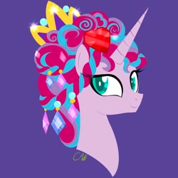 Size: 1000x1000 | Tagged: safe, artist:chelseawest, oc, oc only, oc:mi amore ruby heart, alicorn, pony, alicorn oc, bust, colored background, crown, female, horn, jewelry, mare, offspring, offspring's offspring, parent:oc:glimmering shield, parent:oc:mi amore rose heart, petalverse, regalia, royalty, solo, wings