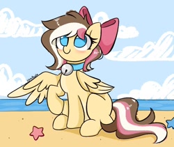 Size: 1024x866 | Tagged: safe, artist:kittyrosie, oc, oc only, oc:neapolitan sunrise, pegasus, pony, starfish, beach, bell, bow, cloud, collar, cute, female, hair bow, mare, ocean, signature, sitting, solo, water, wings