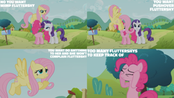 Size: 1280x720 | Tagged: safe, edit, edited screencap, editor:quoterific, screencap, fluttershy, pinkie pie, rarity, earth pony, pegasus, pony, unicorn, g4, putting your hoof down, season 2, bipedal, eyes closed, female, flying, mare, open mouth