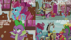 Size: 1280x720 | Tagged: safe, edit, edited screencap, editor:quoterific, screencap, big macintosh, cup cake, discord, spike, sugar belle, draconequus, dragon, earth pony, pony, unicorn, g4, season 9, the big mac question, eyes closed, female, male, mare, open mouth, open smile, smiling, spread wings, stallion, sugarcube corner, winged spike, wings