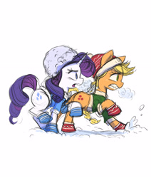 Size: 2480x2924 | Tagged: safe, artist:fanzeem, applejack, rarity, earth pony, pony, unicorn, g4, beanie, breath, clothes, duo, female, gritted teeth, hat, high res, hoof gloves, looking at something, mare, open mouth, outdoors, profile, raised hoof, raised leg, running, snow, winter outfit