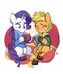 Size: 2480x2924 | Tagged: safe, artist:fanzeem, applejack, rarity, earth pony, pony, unicorn, g4, beanbag chair, braid, chocolate, clothes, colored hooves, cup, cute, duo, duo female, eyes closed, female, food, grin, high res, hoof hold, hot chocolate, hot drink, looking at something, mare, marshmallow, simple background, sitting, smiling, sweater, unshorn fetlocks, warm, white background
