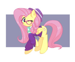 Size: 1280x1067 | Tagged: safe, artist:tastimelon, fluttershy, pegasus, pony, g4, alternate hairstyle, clothes, cute, glasses, hat, hipstershy, jacket, one eye closed, raised hoof, scarf, shyabetes, smiling, wink