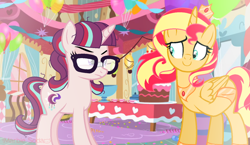 Size: 1462x848 | Tagged: safe, artist:awoomarblesoda, sunset shimmer, oc, oc:stardust afterglow, alicorn, pony, unicorn, g4, alicorn oc, alicornified, base used, duo, eyelashes, female, frown, glasses, horn, indoors, magical lesbian spawn, mare, offspring, parent:moondancer, parent:starlight glimmer, parents:glimmerdancer, peytral, race swap, smiling, wings