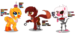 Size: 1096x480 | Tagged: safe, artist:awoomarblesoda, fox, fox pony, hybrid, pony, robot, robot pony, animatronic, base used, black sclera, candle, chica, crossover, cupcake, eyelashes, five nights at freddy's, food, foxy, hook, mangle, ponified, raised hoof, simple background, toy chica, transparent background